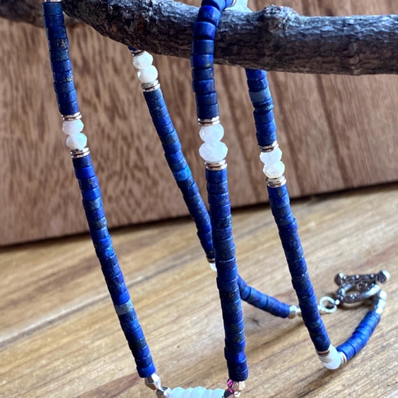 Genuine Lapis Lazuli with Moonstone Gemstone Necklace - Picture 6 of 7